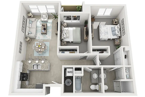 Floor plan for 2 beds, 2 baths, 843 sqft